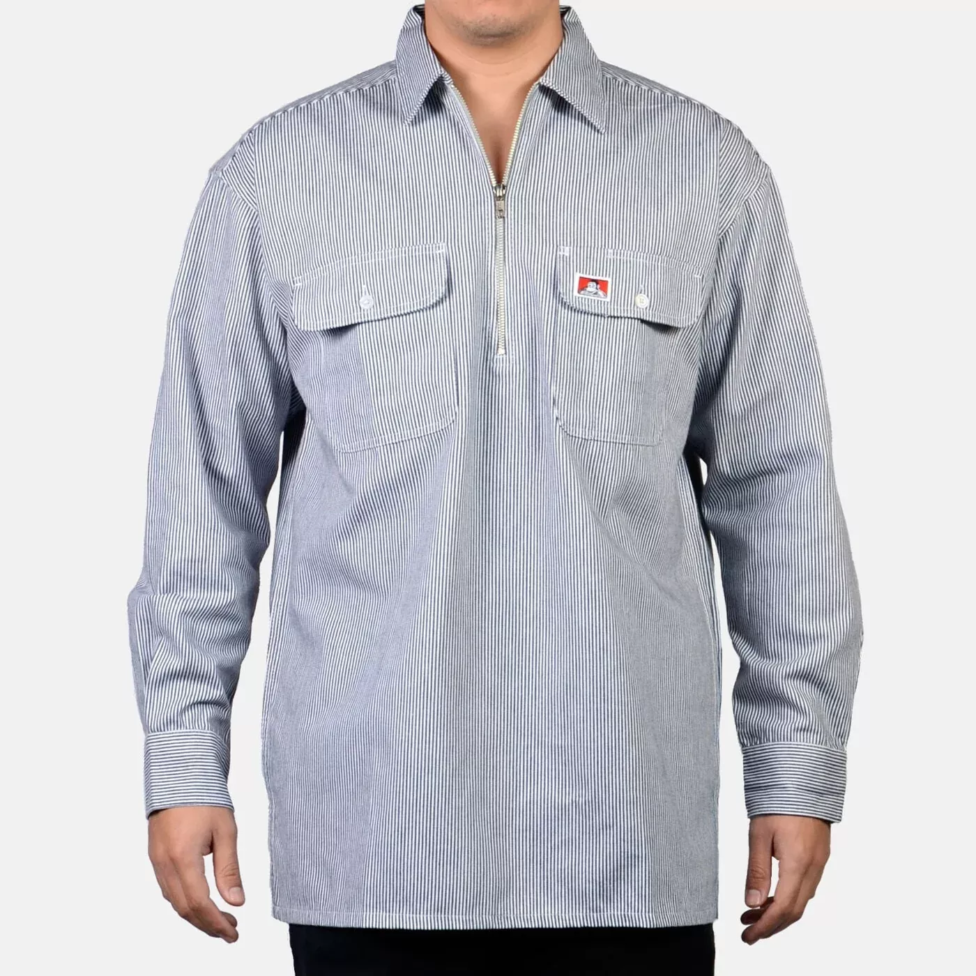 100% Cotton Long Sleeve Striped, 1/2 Zip, Button Pocket – Hickory