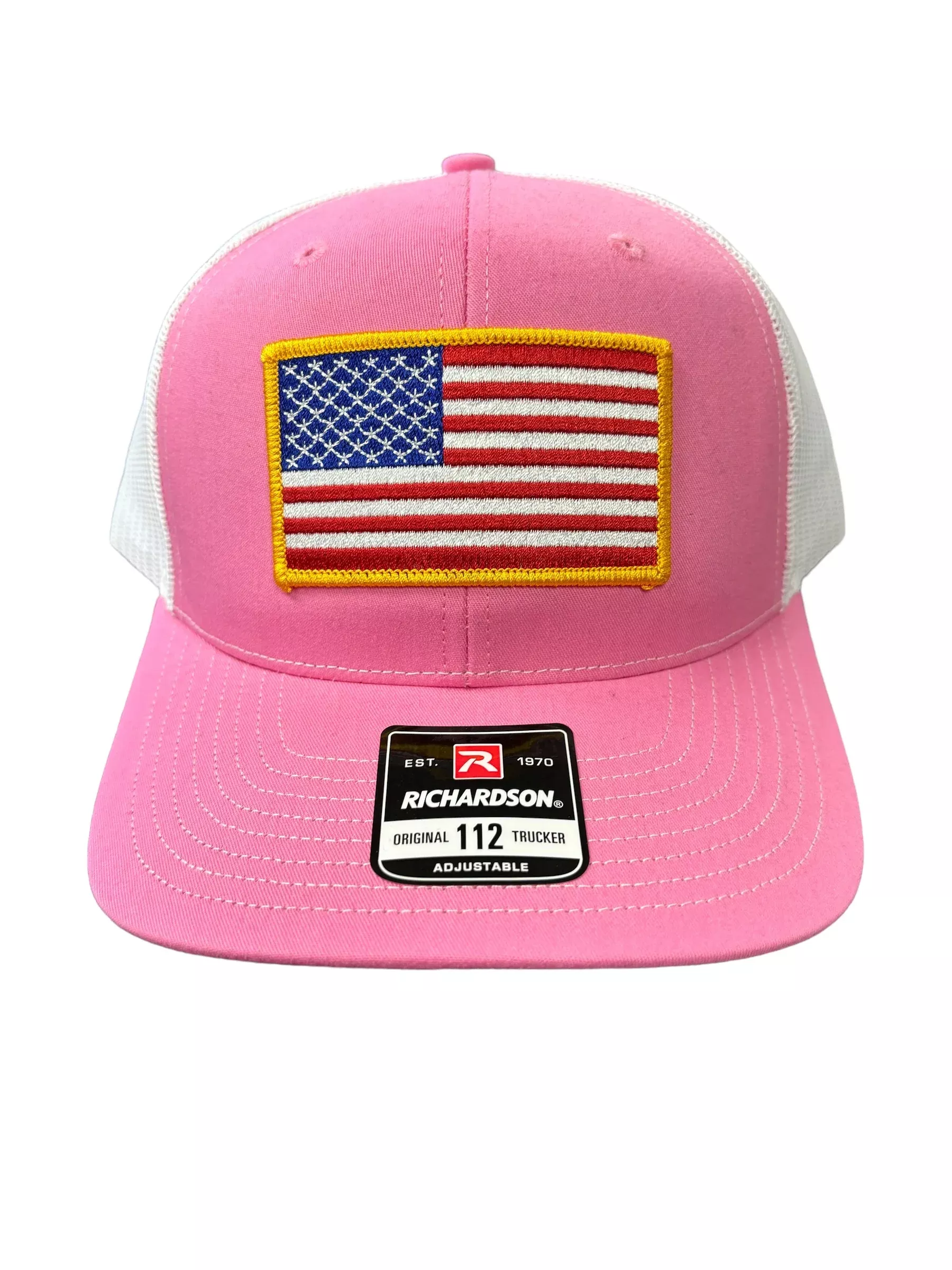 American Flag Patch Richardson 112 Trucker Hat (PINK /WHITE) - GOLD BORDER