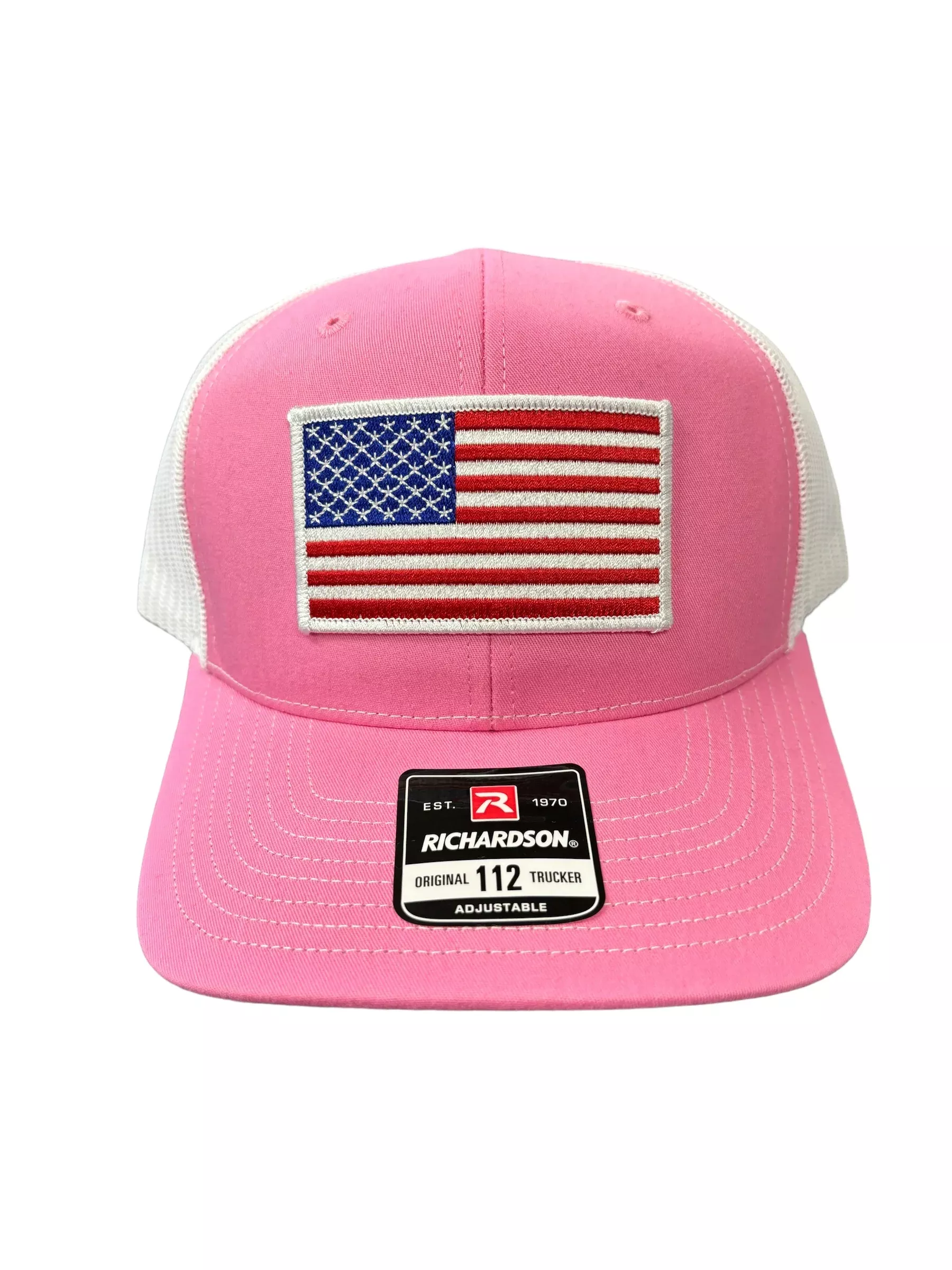 American Flag Patch Richardson 112 Trucker Hat (PINK /WHITE) - WHITE BORDER