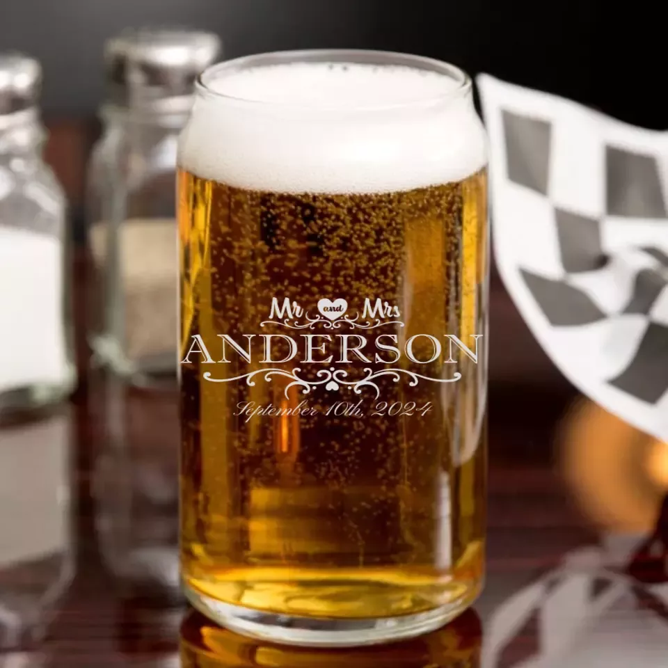 Beer Can Glass - Heart Mr & Mrs With Date