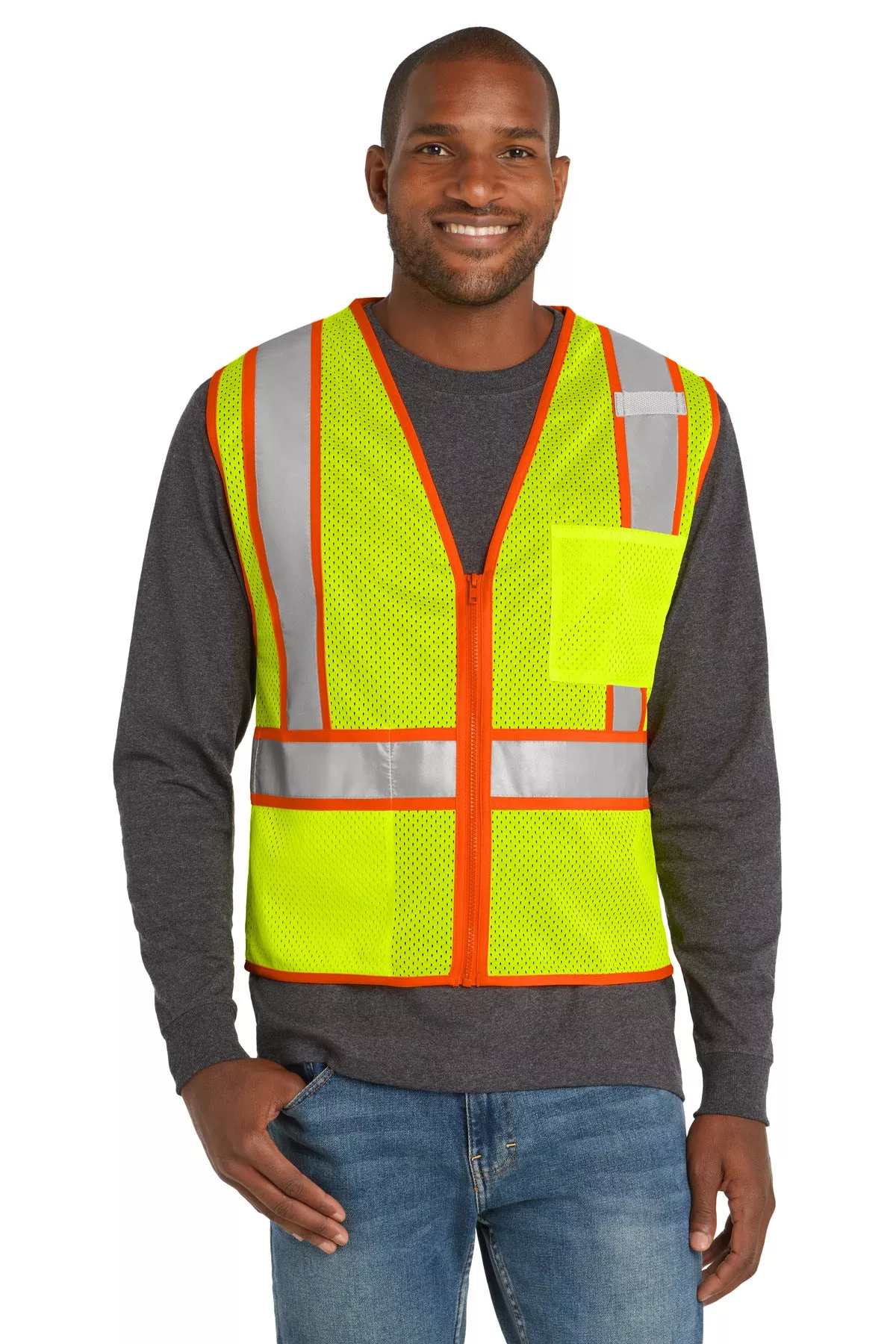 CornerStone CSV103 ANSI 107 Class 2 Mesh Zippered Two-Tone Vest With Custom Embroidery