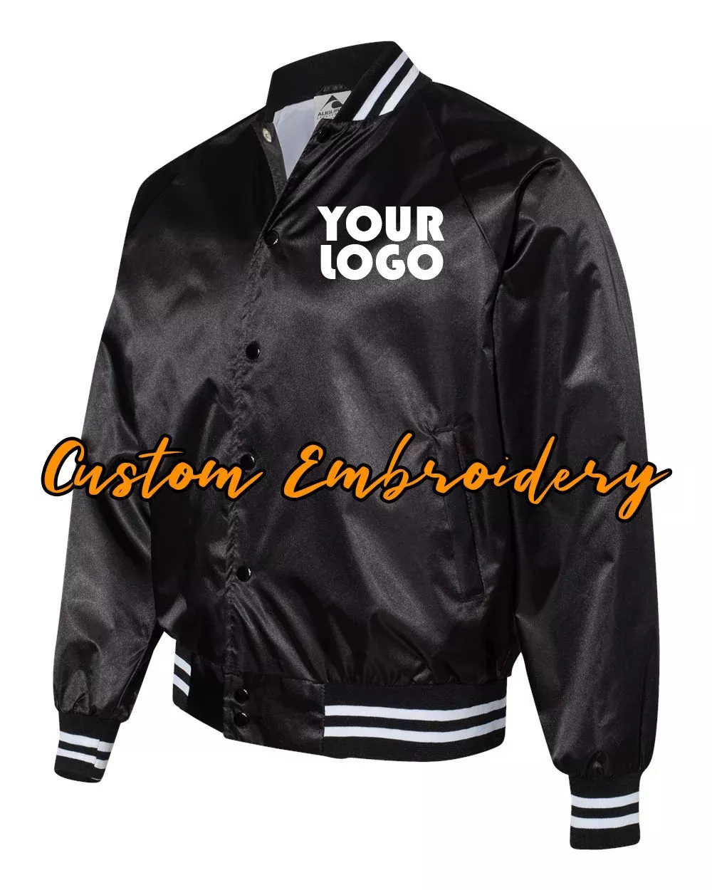 Custom Embroidered Satin Baseball Jacket Striped Trim - Bomber Jacket with 4in x 4in Embroidery Included - No Setup
