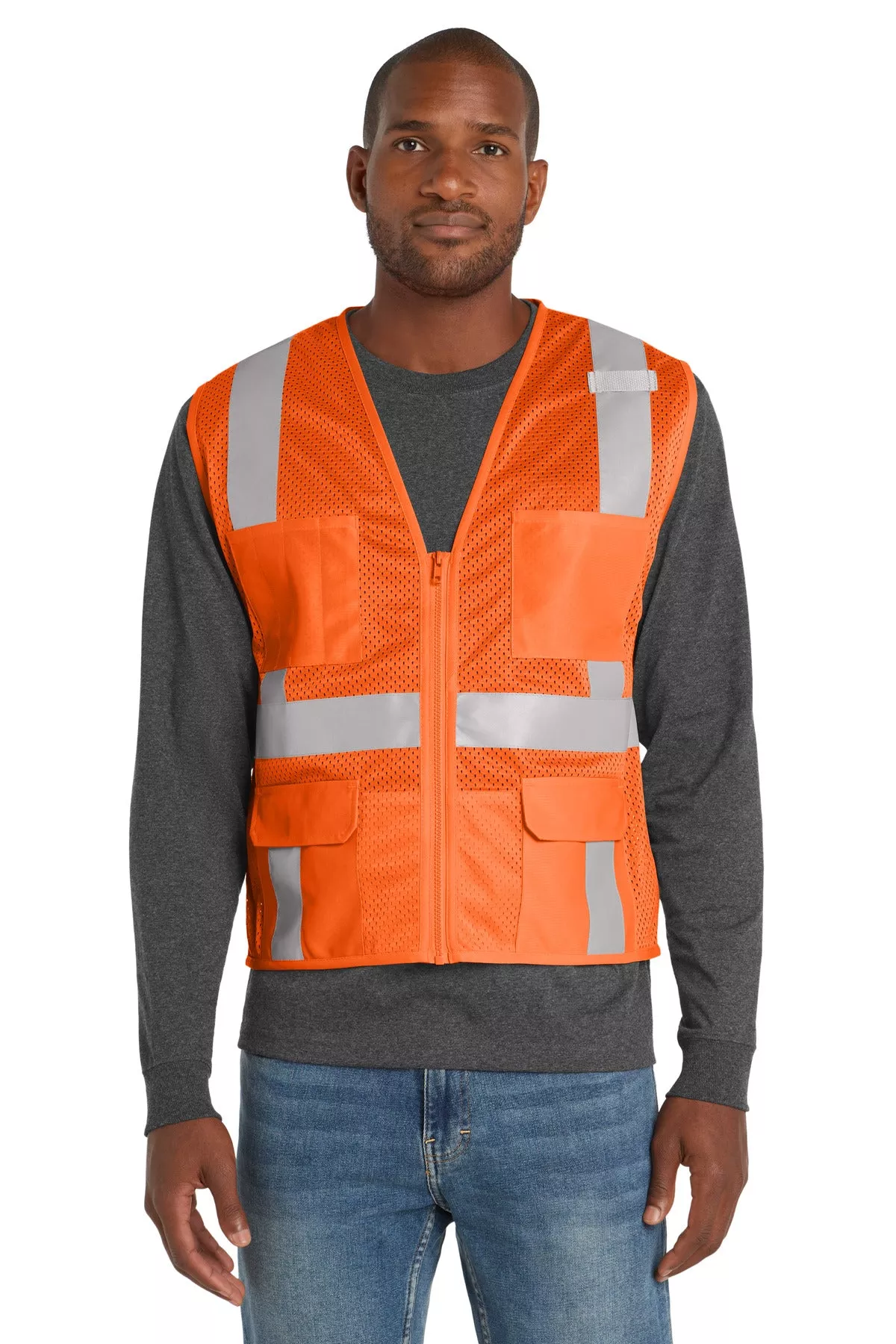 Custom Embroidery or DTF Print - CornerStoneANSI 107 Class 2 Mesh Six-Pocket Zippered Vest. CSV104