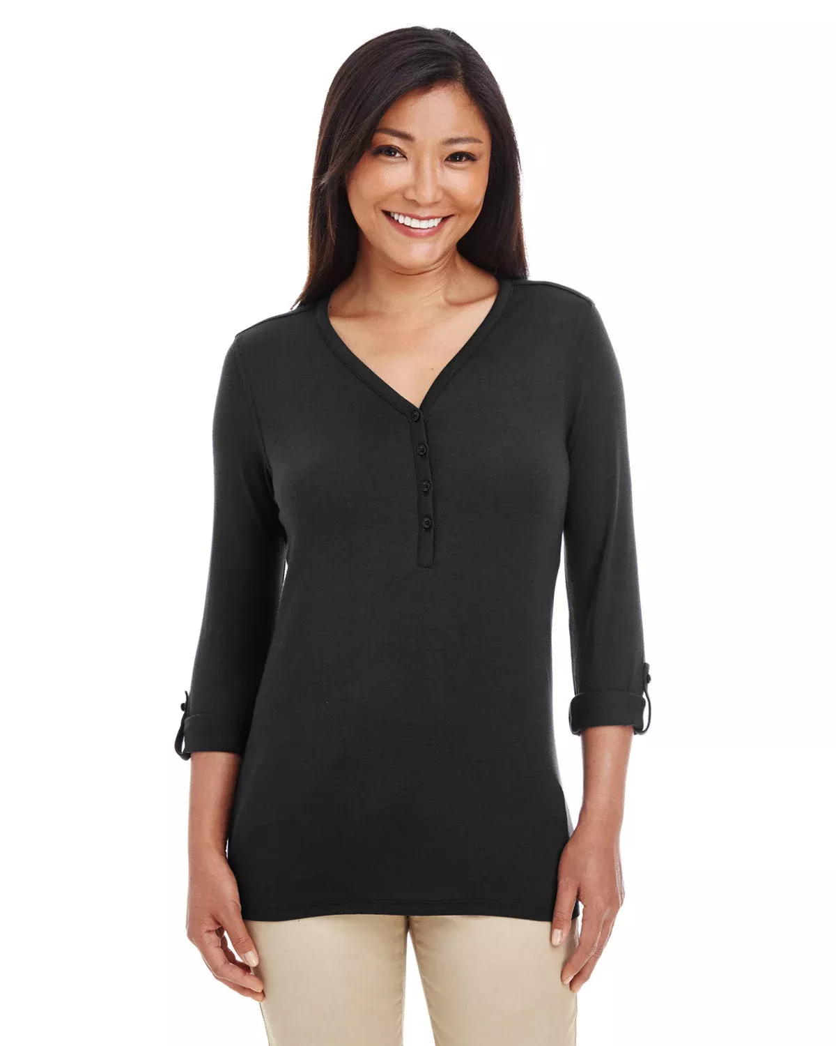 Devon & Jones DP186W Ladies' Perfect Fit Y-Placket Convertible Sleeve Knit Top