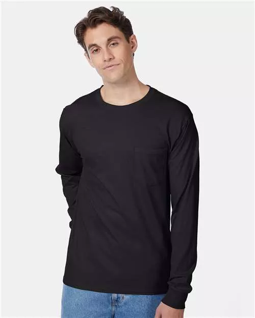 Hanes 5596 Authentic Long Sleeve Pocket T-Shirt With Custom ScreenPrint