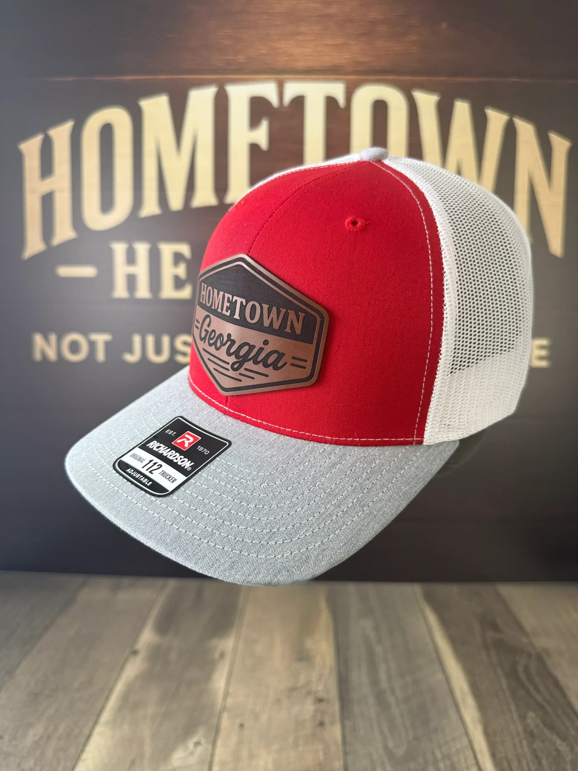 Hometown Georgia Leather Patch Hat – Richardson 112 Trucker Cap (Red/White/Grey)