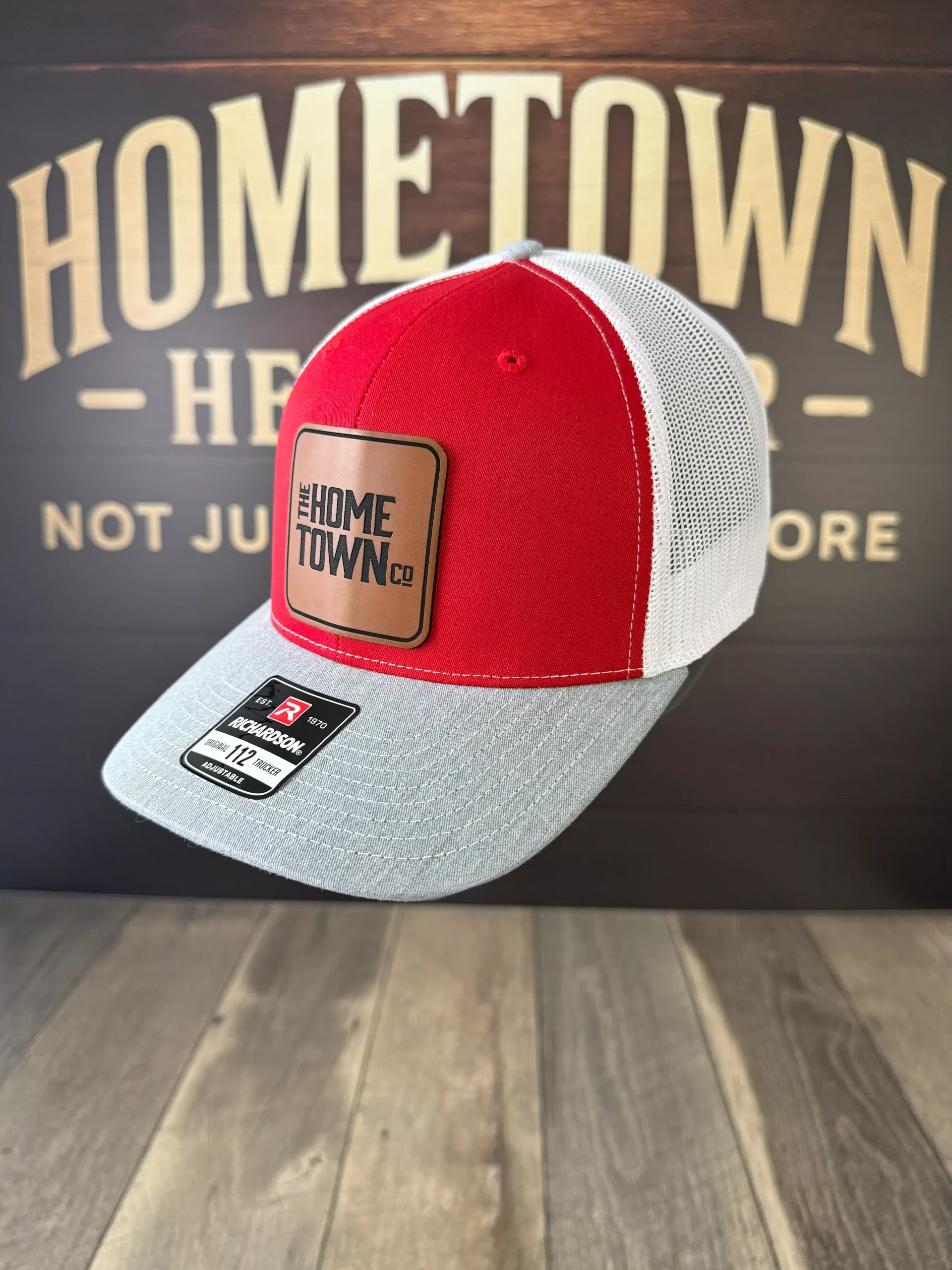 Hometown Headwear Red White & Gray Trucker Hat with Leather Patch – Richardson 112