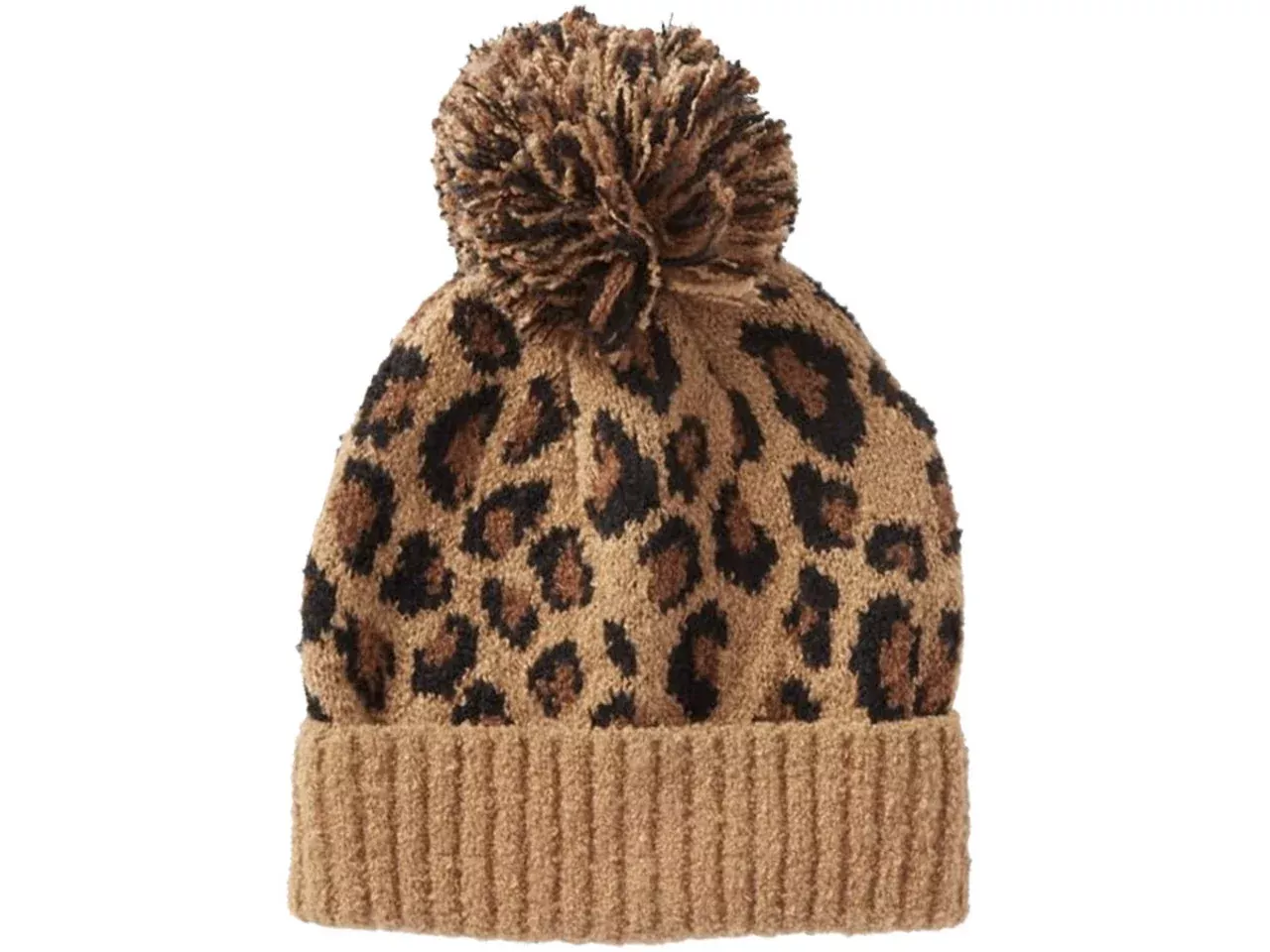 Leopard Print Cuffed Beanie with Pop-Pom