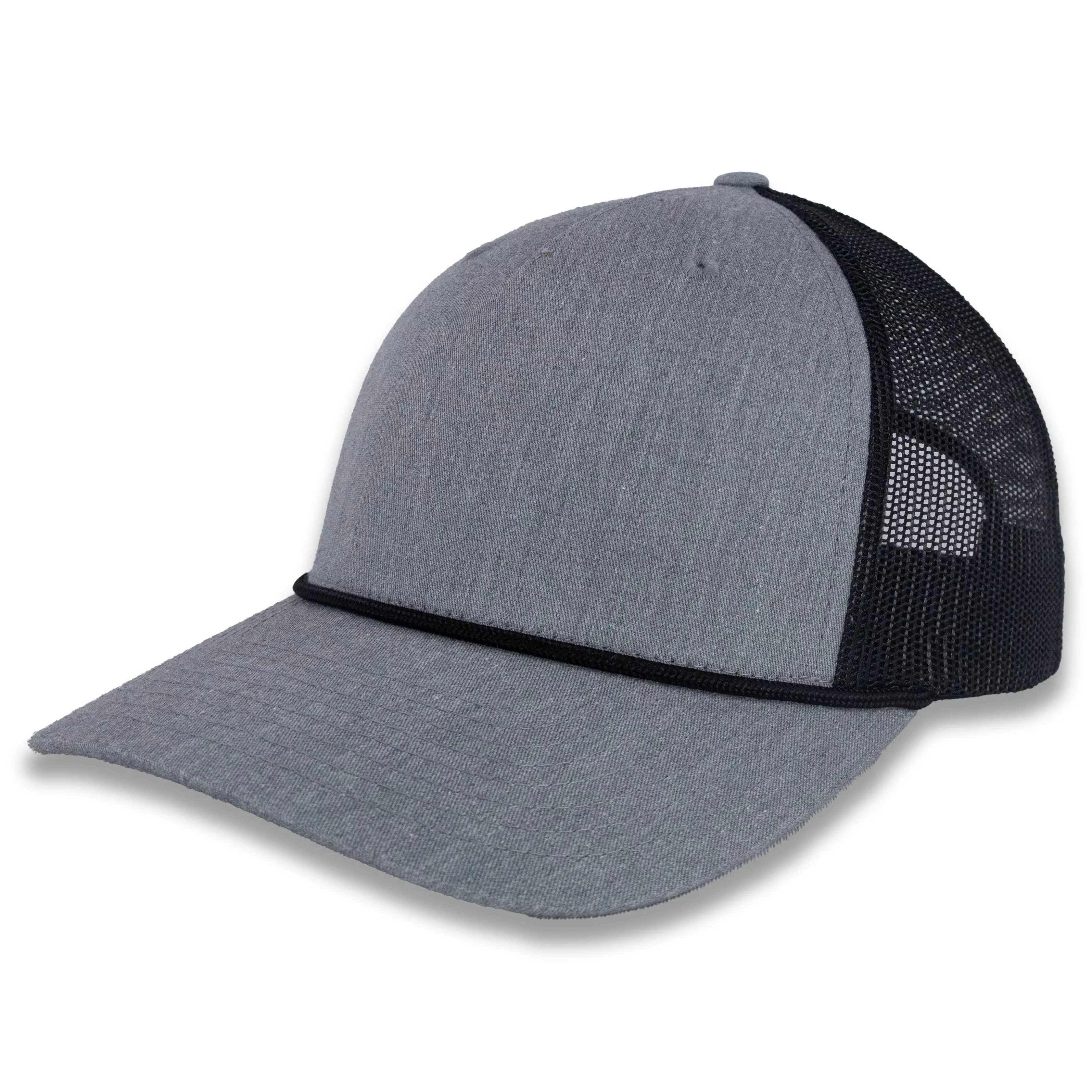 Richardson Five Panel Trucker with Rope Cap - Heather Gray with Black Mesh and Black Rope