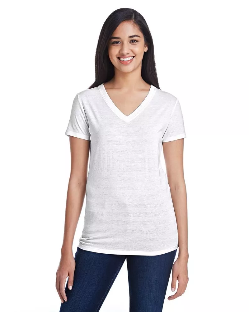 Threadfast 252RV - Ladies Invisible Stripe V-Neck T-Shirt - White Invisible Stripe