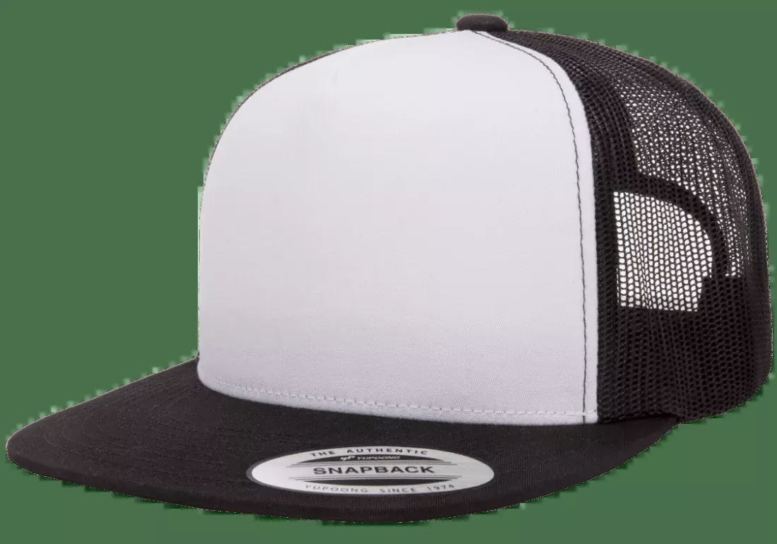 Yupoong 6006W Premium Trucker Snapback Hat Flat Bill Cap with Mesh Back White Front YP Classics